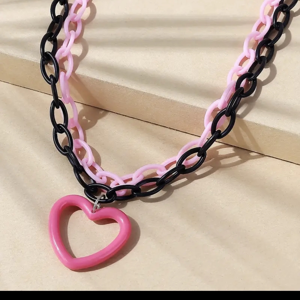 Playful Pink and Black Heart Necklace with Glossy Finish - Picture 4 of 5